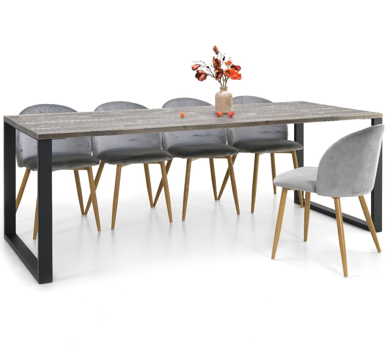 Edna ruokapöytä 220 x 90 cm harmaa, mustat metallijalat