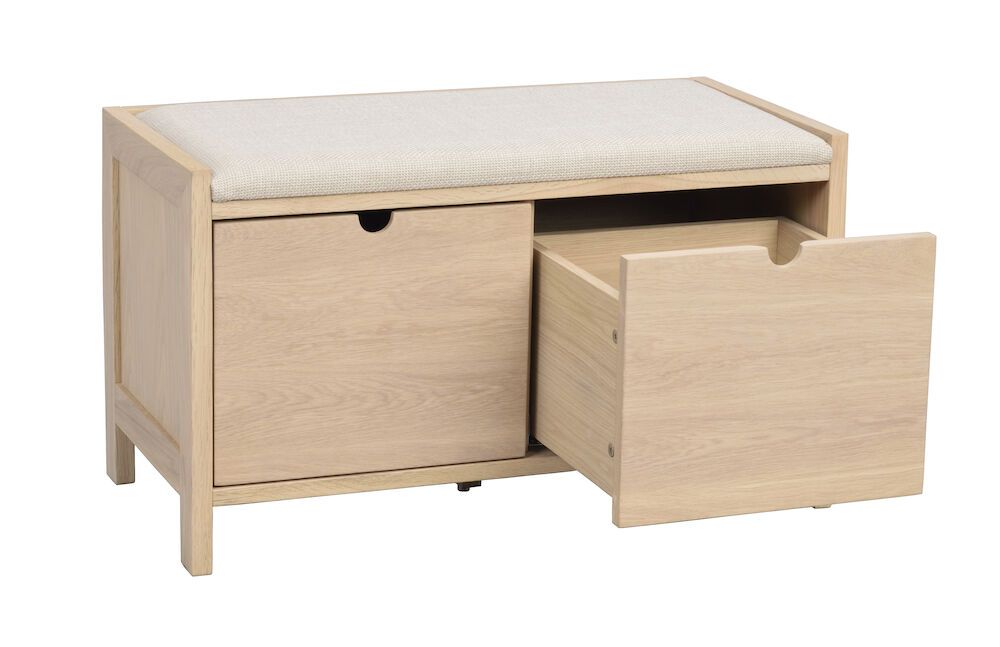 Rowico Hillmond-istuinpenkki 2-laatikolla, valkopesty tammi/beige