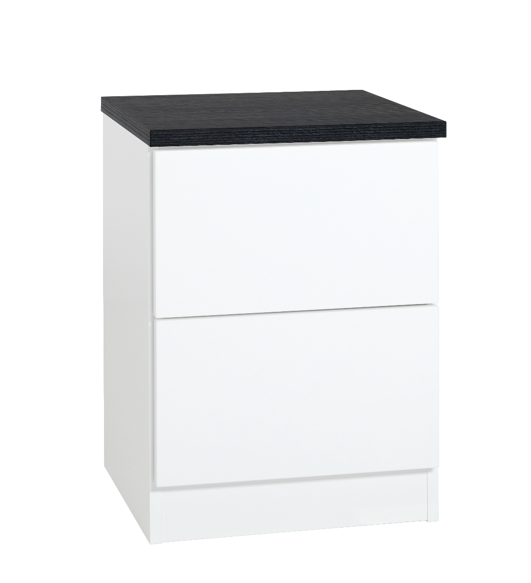 LM Ojala 2-laatikollinen yöpöytä/lipasto valkoisella rungolla. Musta kansi