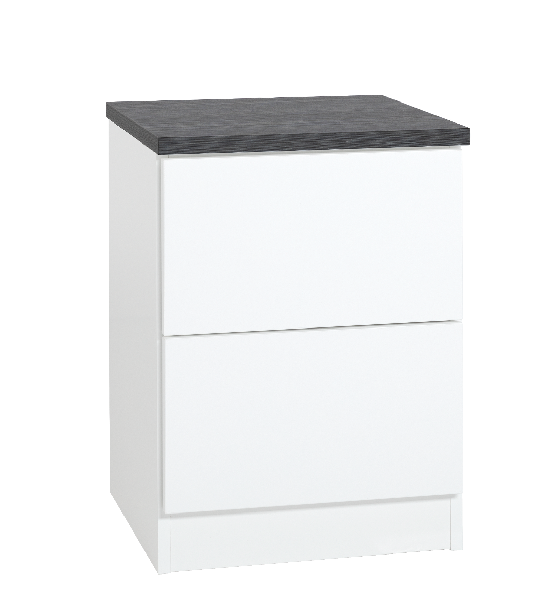 LM Ojala 2-laatikollinen yöpöytä/lipasto valkoisella rungolla. Harmaa kansi.