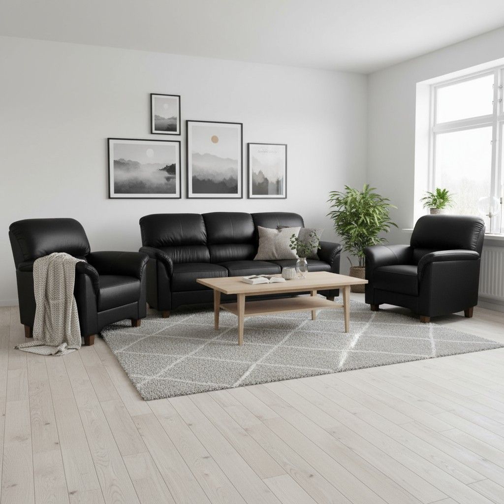 Musta nahkasohva kalusto 3+1+1 valmistettu Suomessa