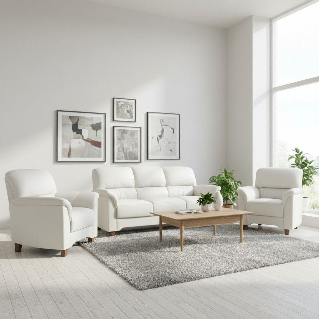 Nahkasohvakalusto 3+1+1 valkoisella nah