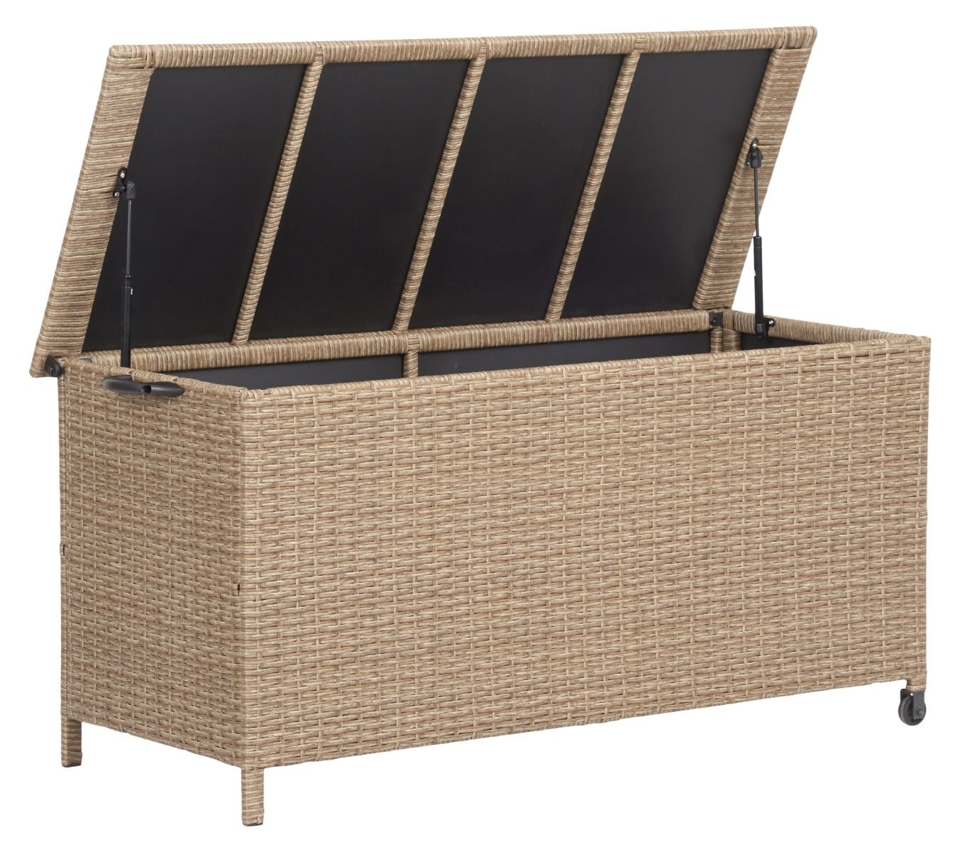 Luonnollisen rottingin värinen polyrottinkinen säilytysarkku terassikalusteille, koko S