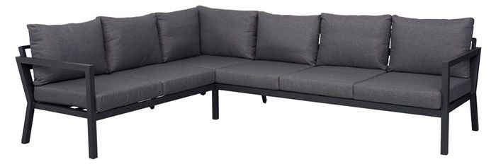 Katinka kulmasohva mustalla alumiinirungolla ja harmailla pehmusteilla. Koko 268x206cm