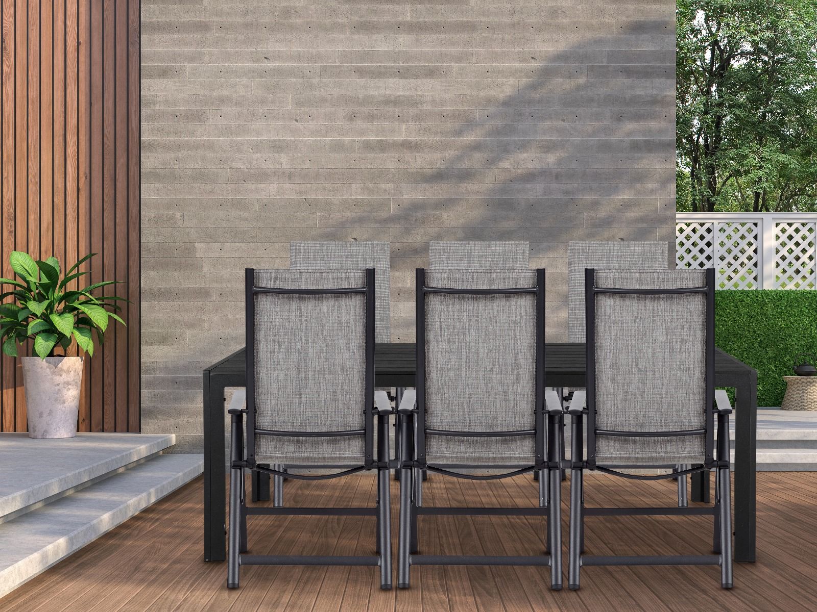 Ulkokäyttöön tarkoitettu ruokapöytä 90x205cm sekä harmaat korkeaselkäiset tuolit.