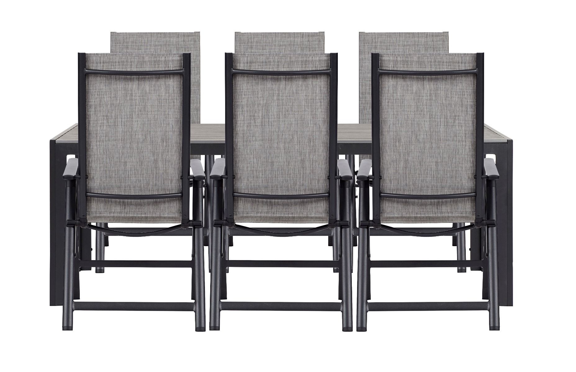 Harmaa terassipöytä ja säätötuolit