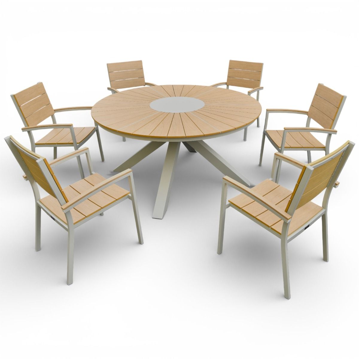 Pyöreä vaalea terassipöytä ja kuusi tuolia