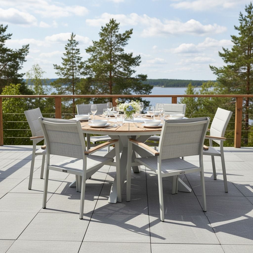 Alanya pyorea puutarharyhmä pöydällä ja kuudella tuolilla