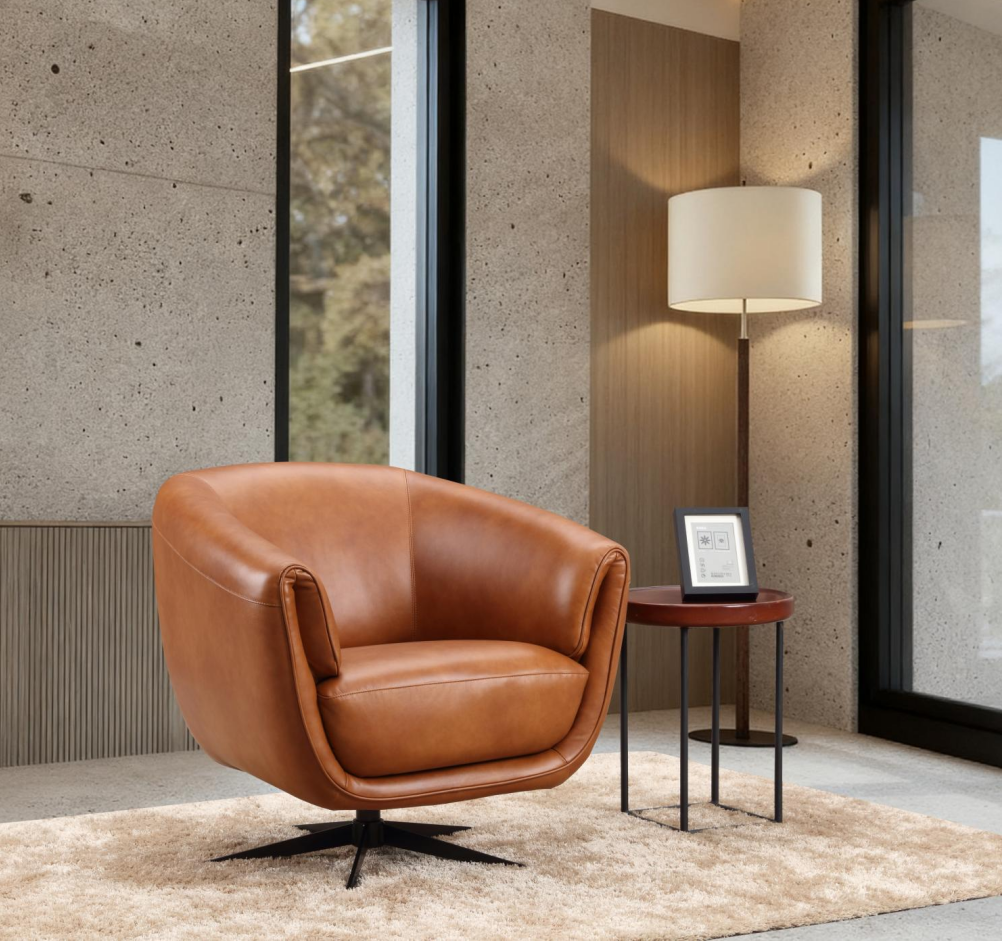 Pyörivä Alfa nojatuoli ruskeaa nahkaa ristikkojalalla