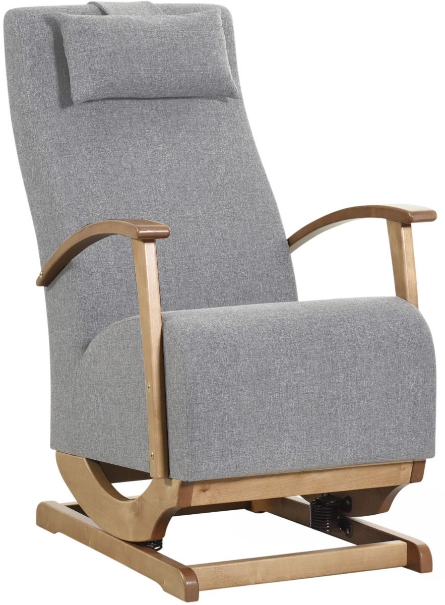 Arvo jousikeinu harmaalla kangasverhoilulla sekä tammen värisillä puuosilla. Niskatyyny verhoiltu samalla kankaalla istuimen kanssa.