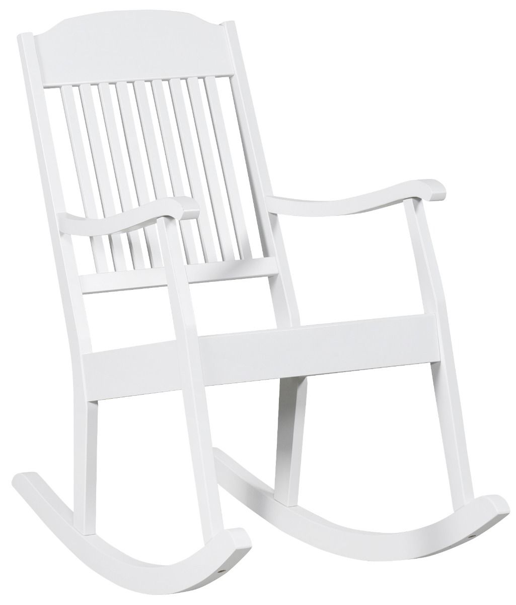 Arvo keinutuoli normaalia korkeammalla istuimella (seniorituote). Valkoiseksi maalattu koivurunko.