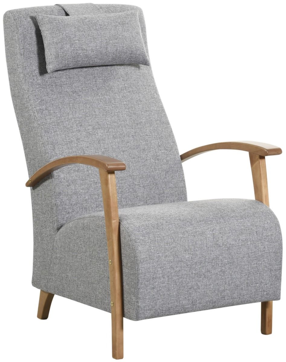 Perinteinen korkeaselkänen lepotuoli niskatukityynyllä, harmaa kangasverhoilu, tammenväriset käsinojat.