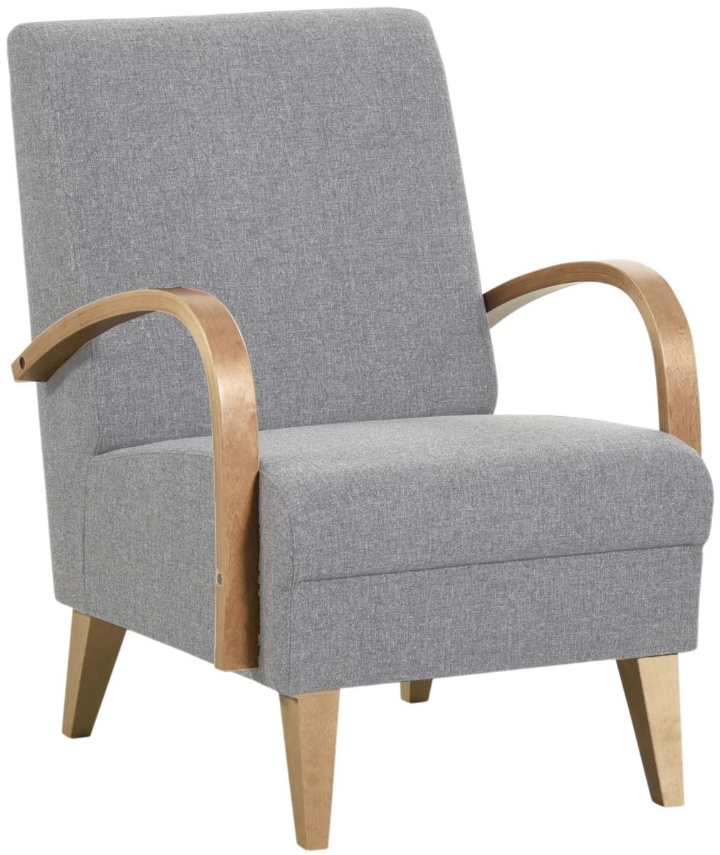 Arvo lepotuoli tammen värisillä kaarevilla puukäsinojilla sekä jaloilla. Harmaa Hygge kangasverhoilu.