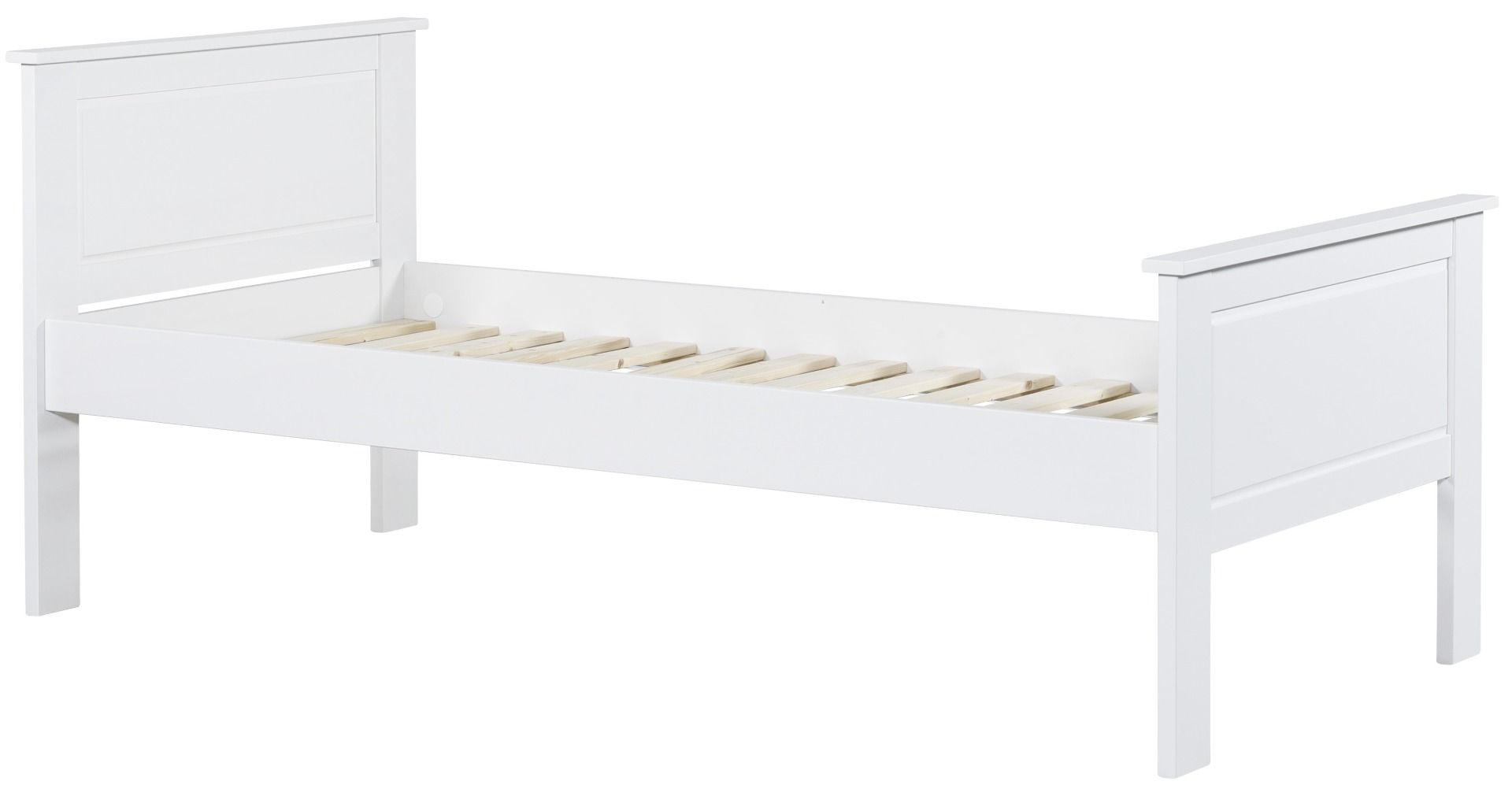 Arvo seniorisängyn runko valkoinen, jossa puiset pohjasäleet.