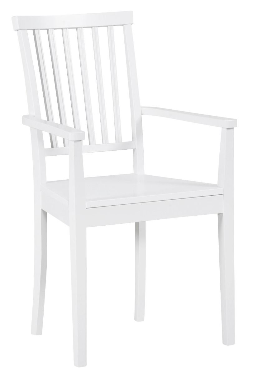 Arvo seniorituoli, valkoinen. Käsinojat ja tukeva valkoiseksi maalattu koivurunko.