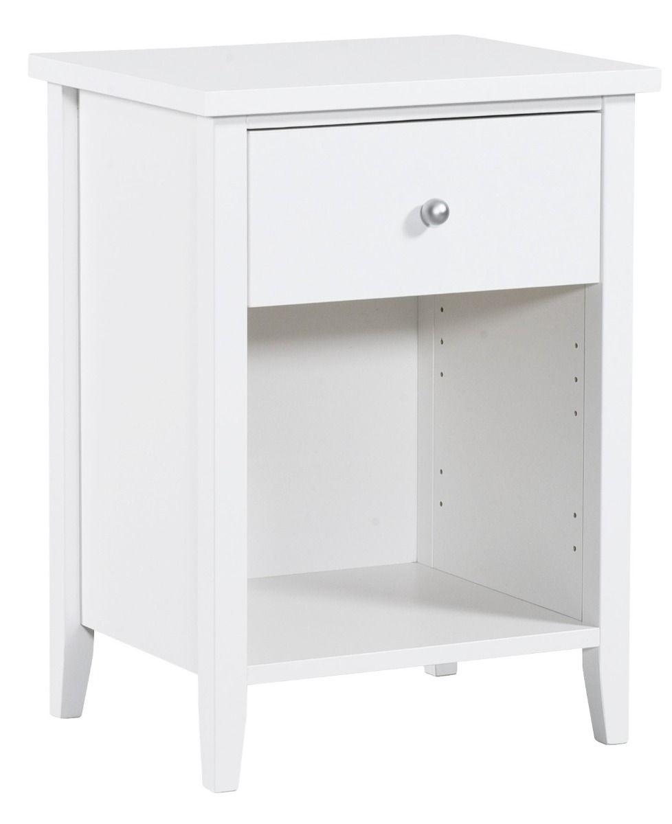 Arvo yöpöytä yhdelä vetolaatikolla, jonka alla avointa tilaa. Väri valkoinen.