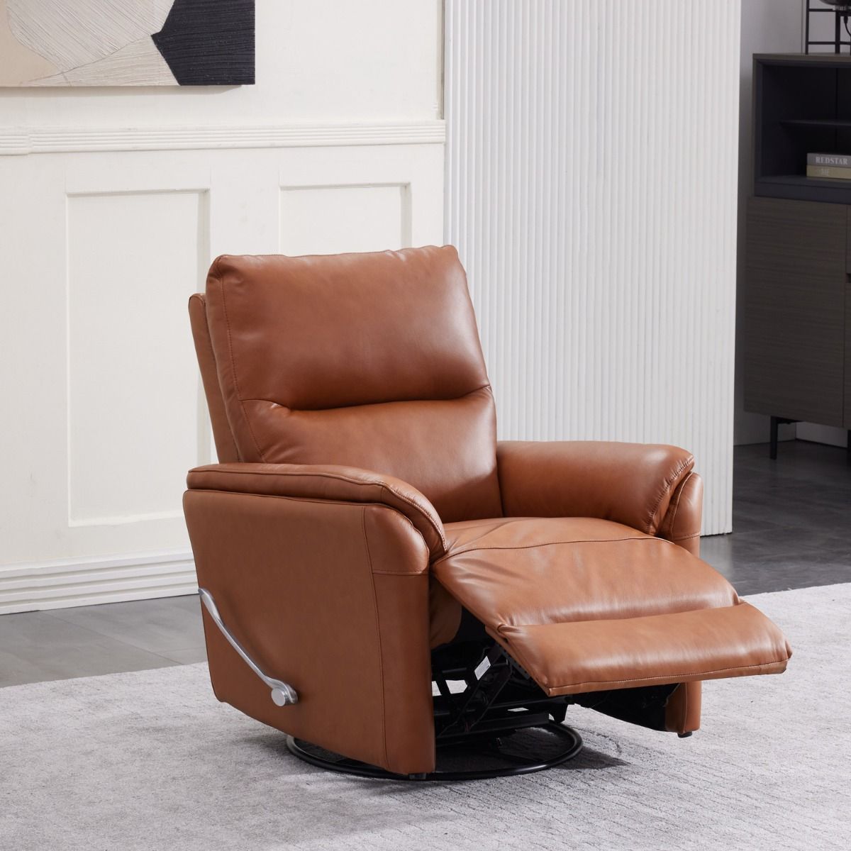 Ruskea nahka mekanismituoli kuvattuna olohuoneessa