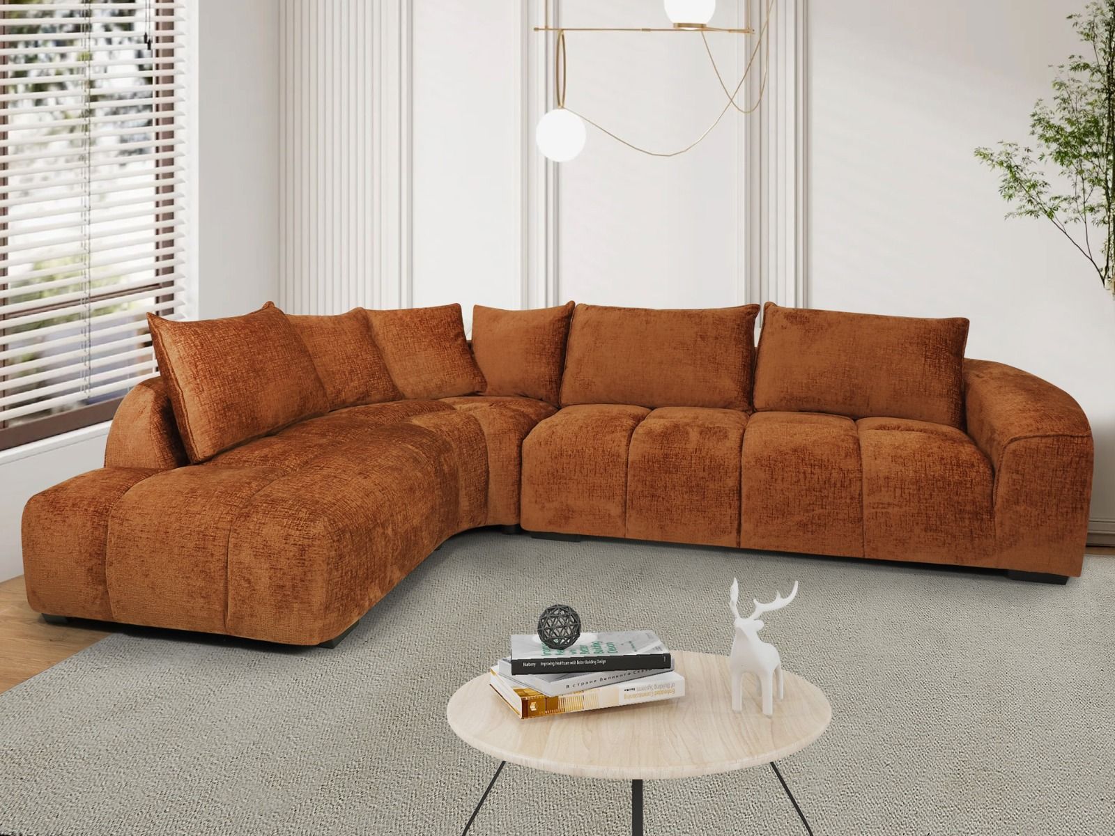 Aurora kulmasohva iso kuparin värinen ja pyöreän muotoinen