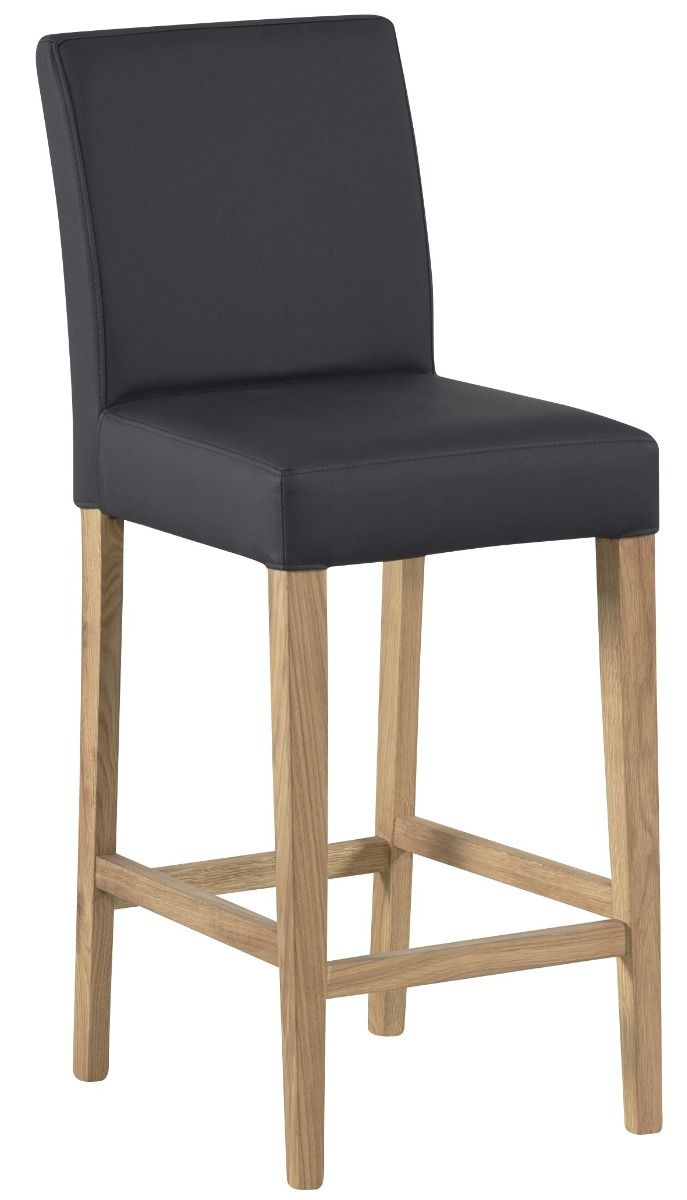 Mustalla keinonahalla verhoiltu selkälinjainen selkänojallinen Tammi-baarituoli, tammen väriset puujalat.