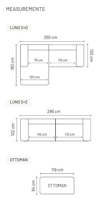 Lund divaanisohva 260cm, eri värejä