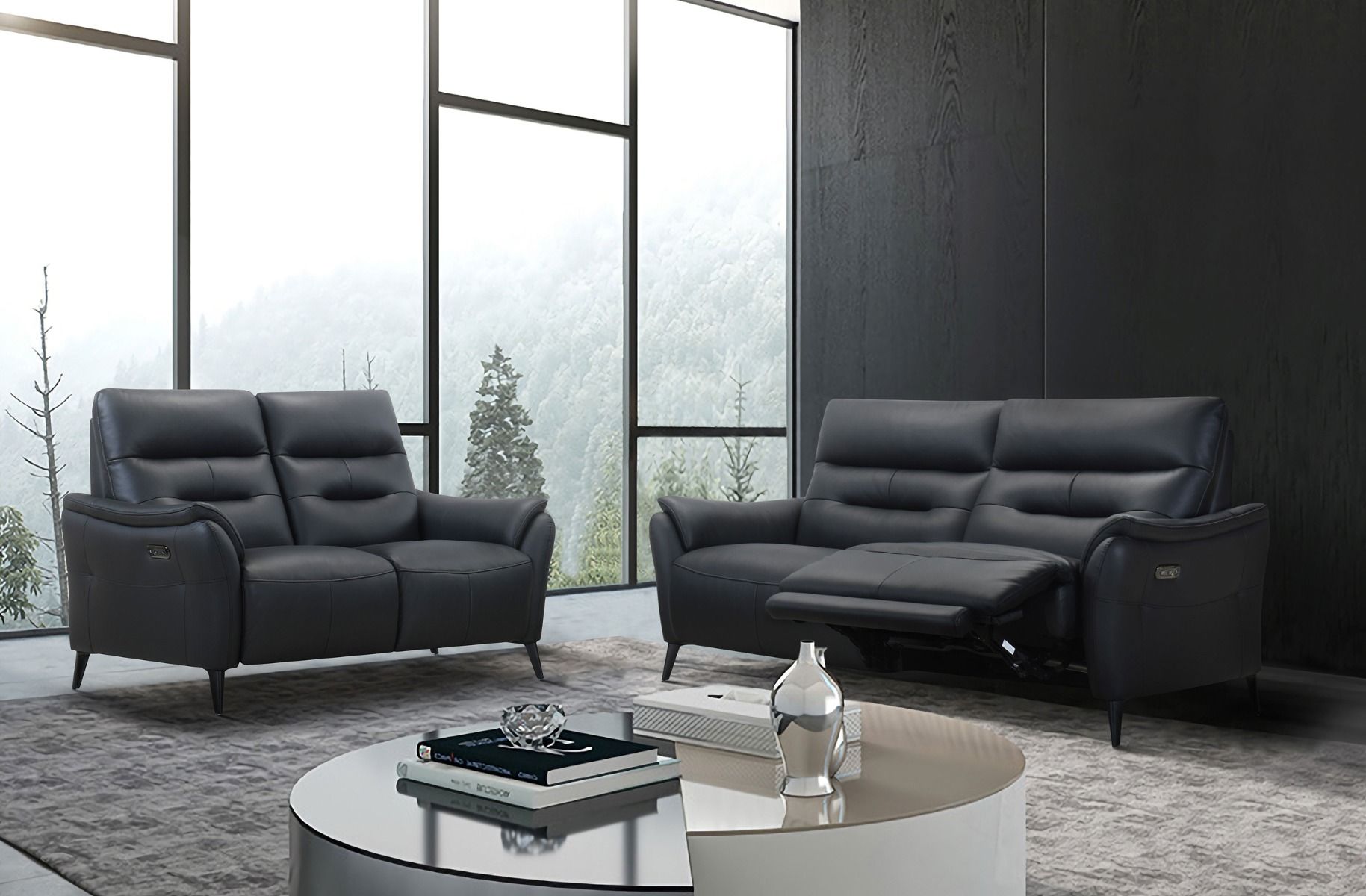 Bianca 3+2 sohvakalusto mustalla nahkaverhoilulla ja sähkötoimisella mekanismilla