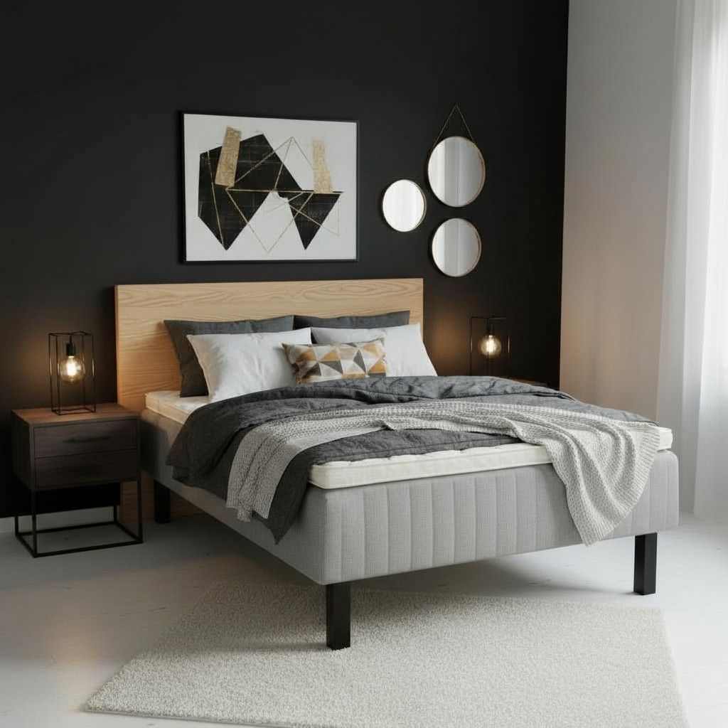 120x200 sänky kuvattuna makuuhuoneessa harmaa kangas ja mustat jalat