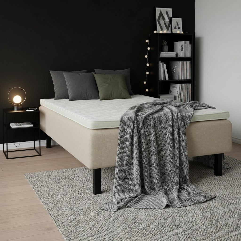 Runkopatja 120x200 beigen värinen kuvattu makuuhuoneessa