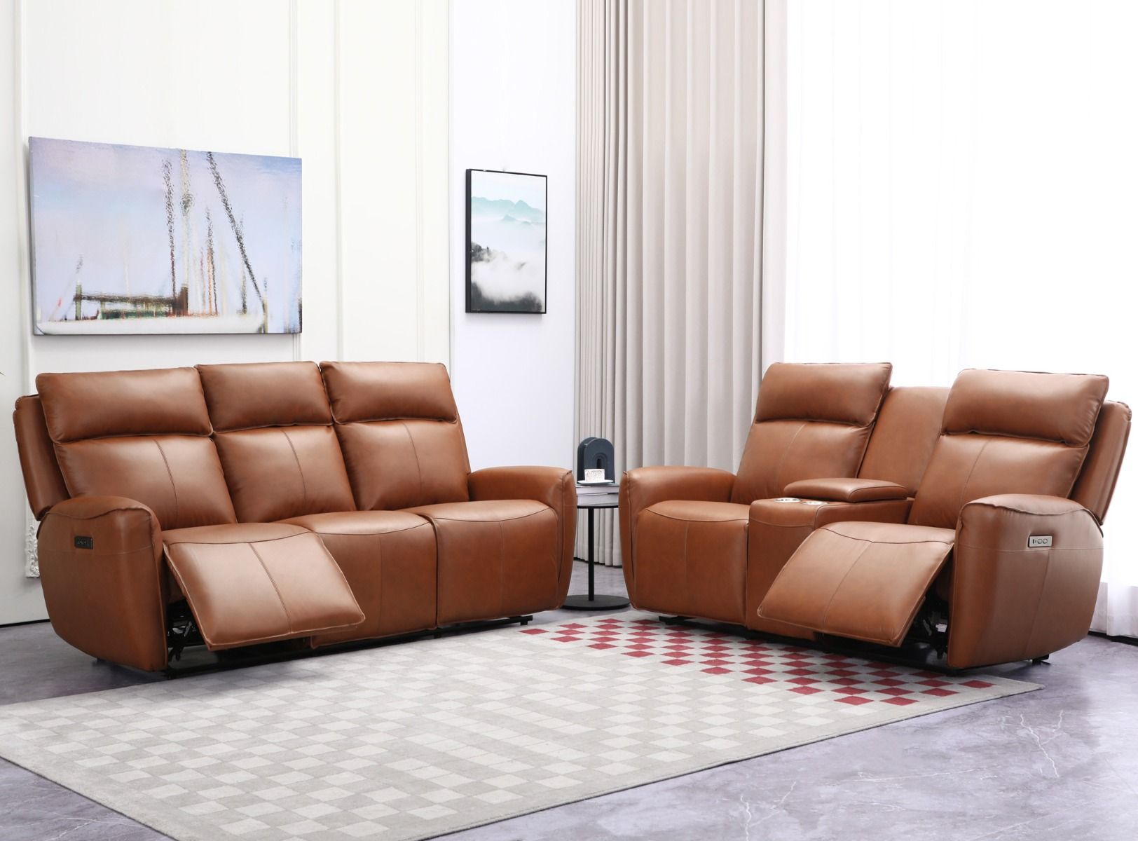 3+2 ruskea nahkasohvakalusto sähkömekanismeillä