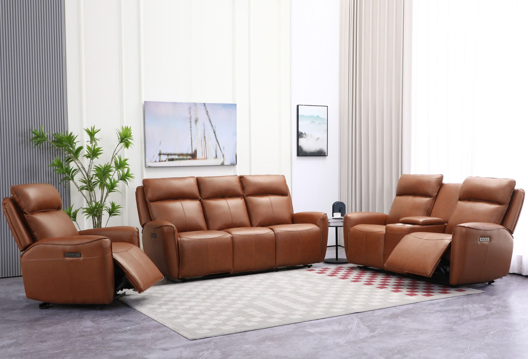 3+2+1 sohvakalusto ruskeaa nahkaa ja sähkömekanismit
