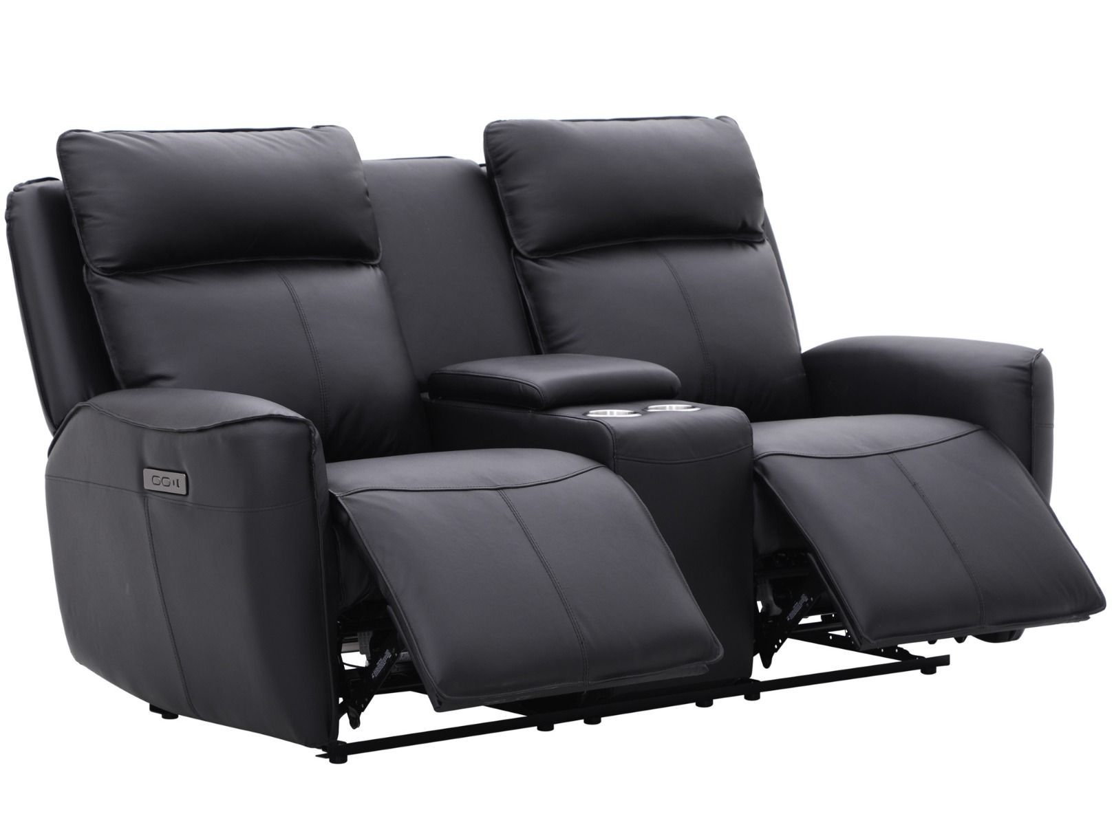 Musta nahkainen kotiteatterisohva sähkömekanismeilla