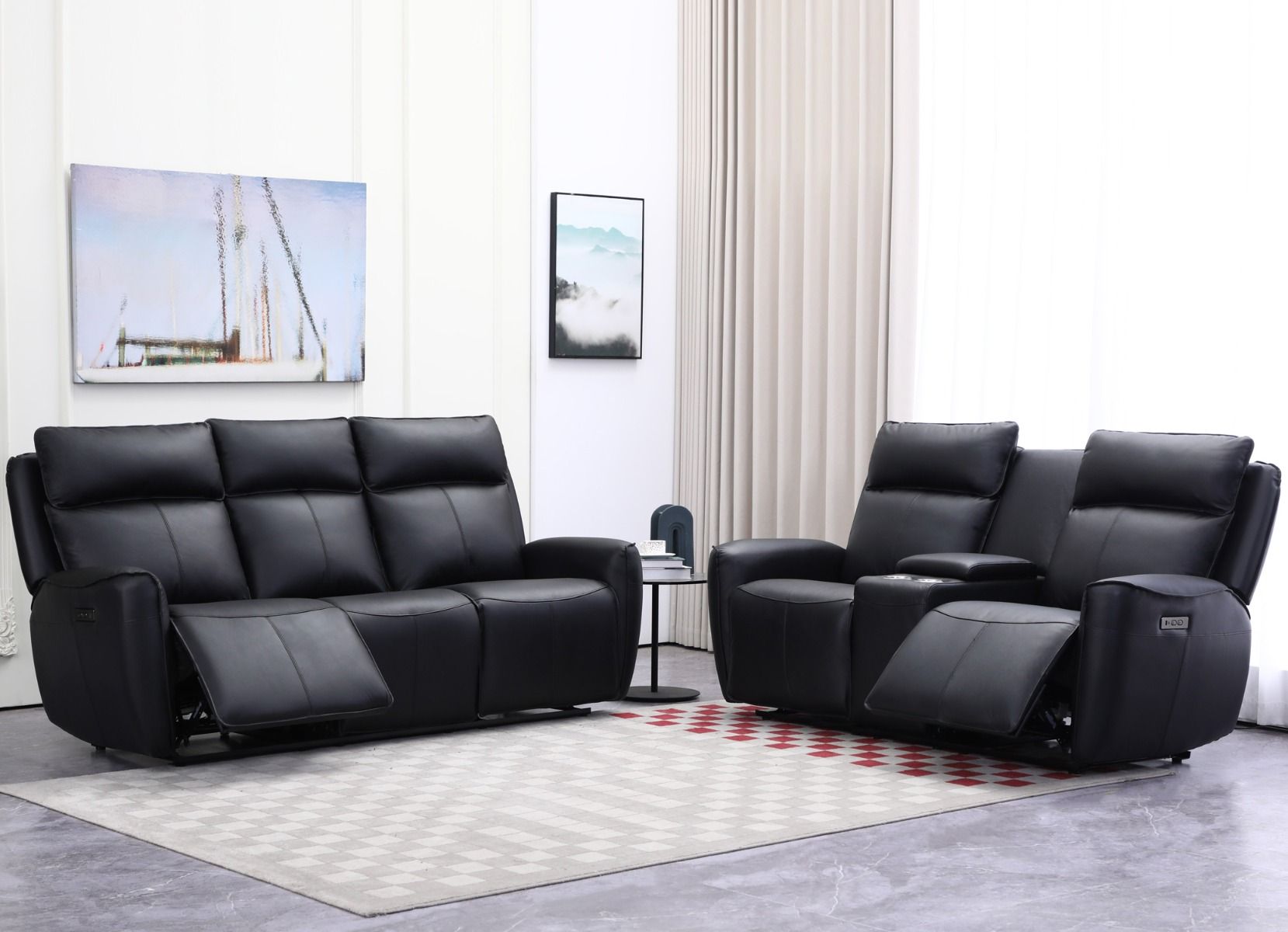 Champion sohvakalusto 3+2 sähkömekanismeilla ja mustalla nahkaverhoilulla