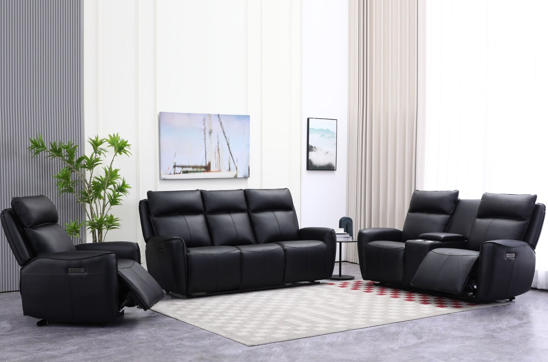 3+2+1 sohvakalusto mustaa nahkaa ja sähkötoimiset mekanismit