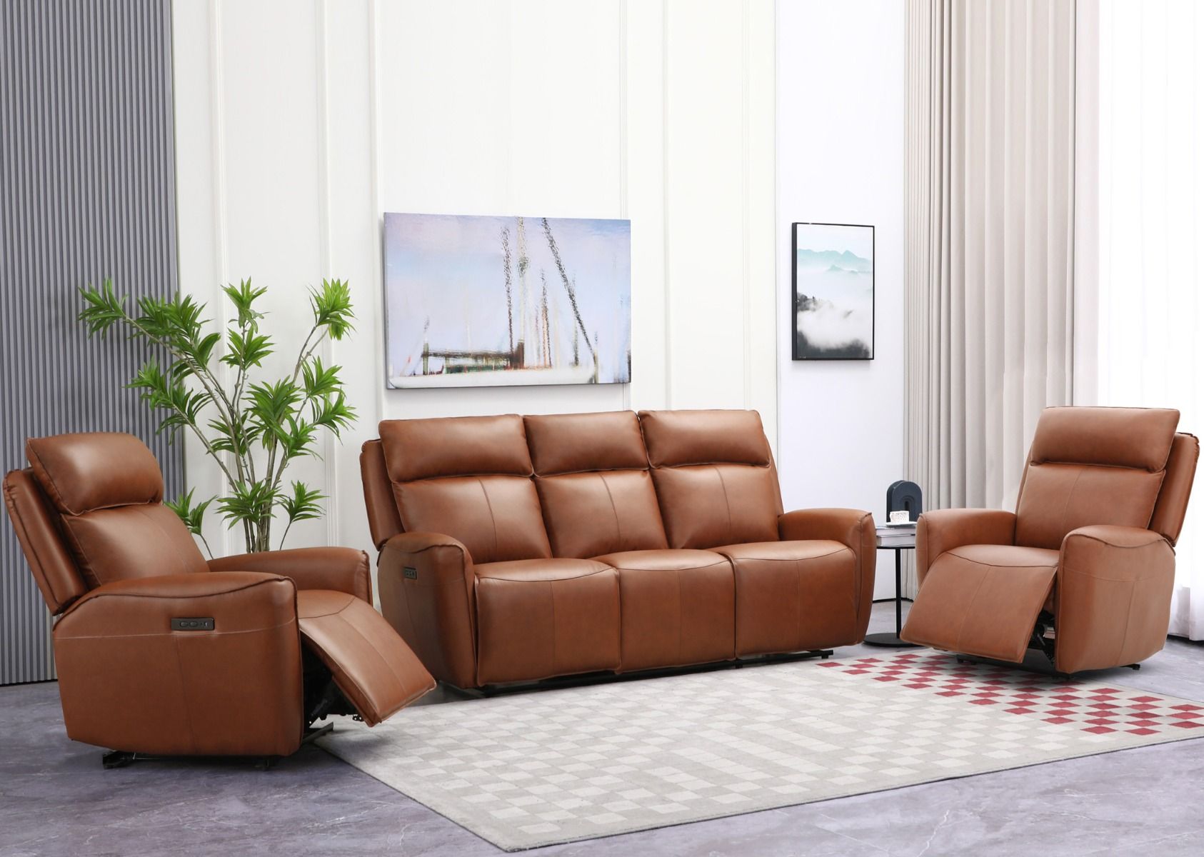 3+1+1 ruskea nahkasohvakalusto sähkömekanismeilla