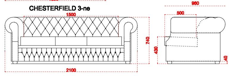 Chesterfield 3-istuttava sohva, eri värejä