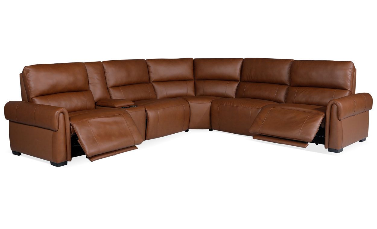 Korkeaselkäinen sähkösäädettävä mekanismikulmasohva, ruskeaa aniliininahkaa