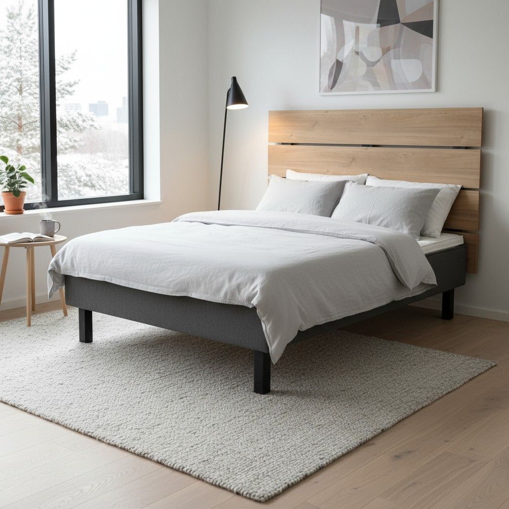 Classic 120x200 runkosänky kotimainen kuvattu Hiipakka Black sängynpäädyn kanssa makuuhuoneessa