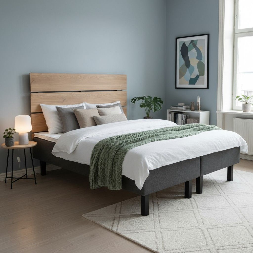 160x200 runkosänky kotimainen kuvattu Hiipakka Black sängynpäädyn kanssa makuuhuoneessa