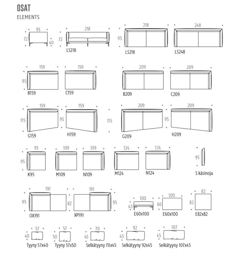 Interface Coco moduulisohva, eri vaihtoehtoja