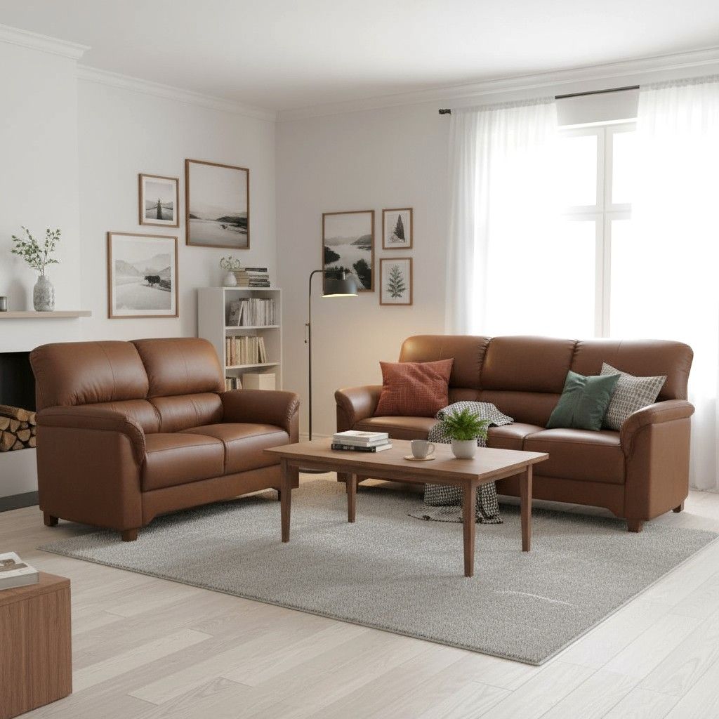 Kotimainen ruskea nahkasohva kalusto, johon sisältyvät 3- ja 2-istuttavat sohvat. Kuvattuna tyylikkäässä olohuoneessa
