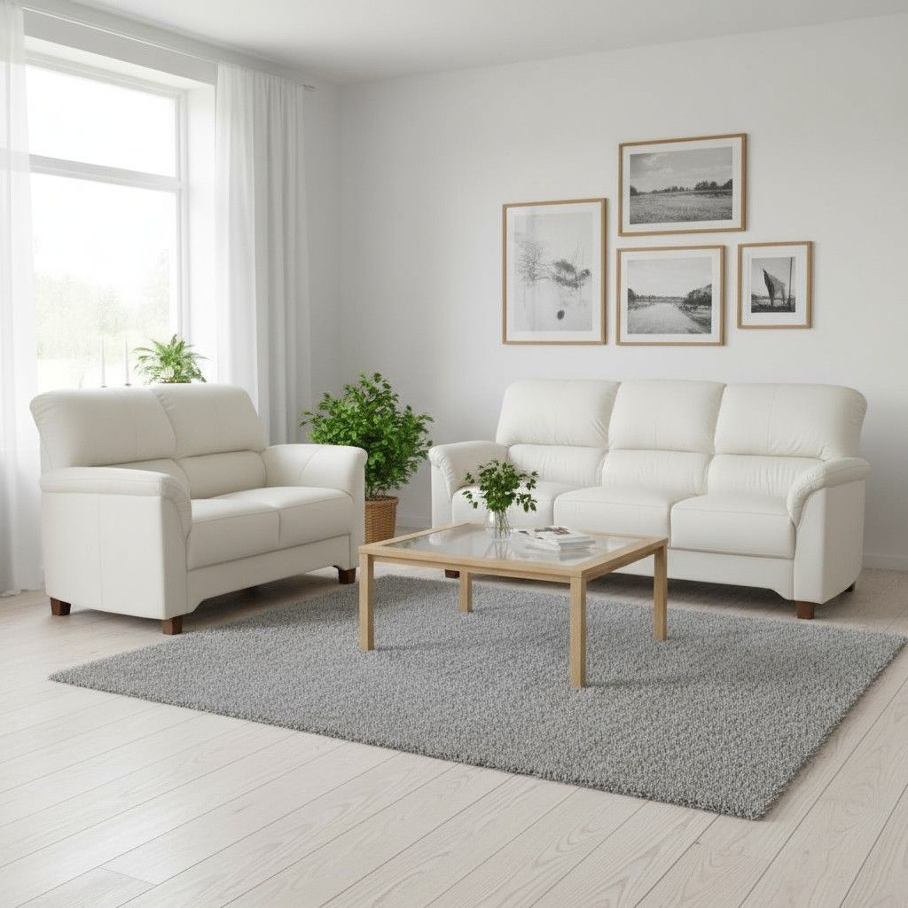 Colibri 3+2 nahkakalusto, valkoinen, puujaloilla