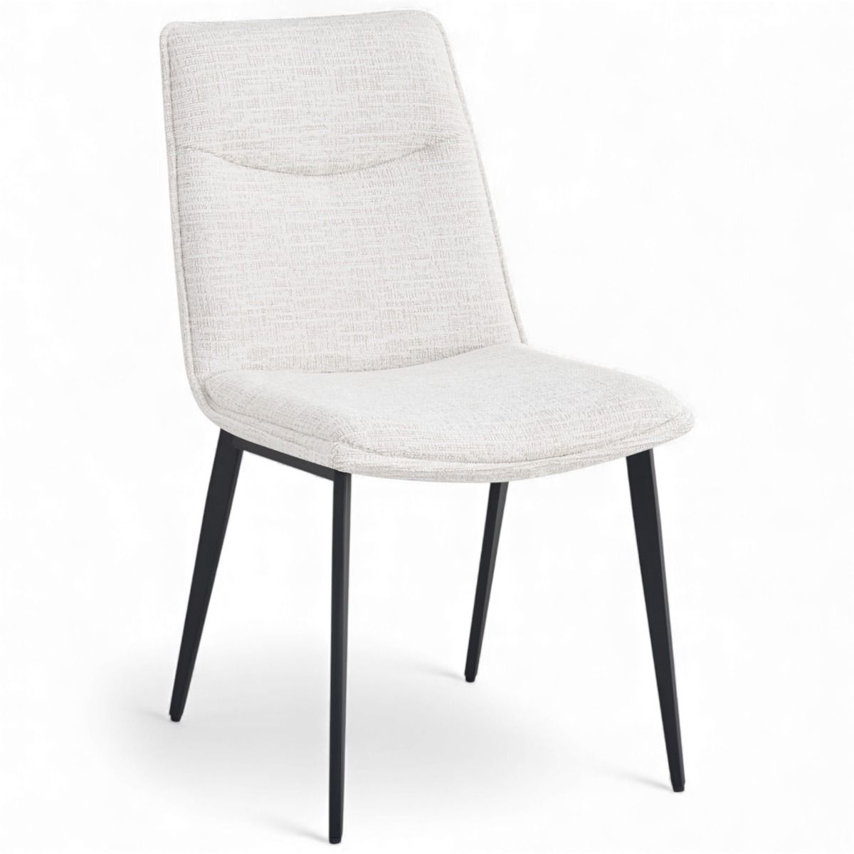 Core ruokapöydän tuoli vaalealla kangasverhoilulla ja mustilla metallijaloilla