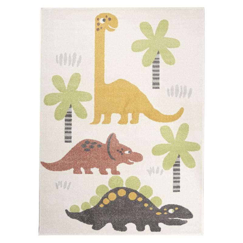 Dinokaverit lyhytnukkainen lastenmatto. Raikas valkoinen pohjaväri luo selkeän taustan, jolla veikeät dinosaurus-hahmot seikkailevat keltaisen, korallin ja harmaan sävyissä. paksuus 10 mm ja koko 120 x 170 cm.