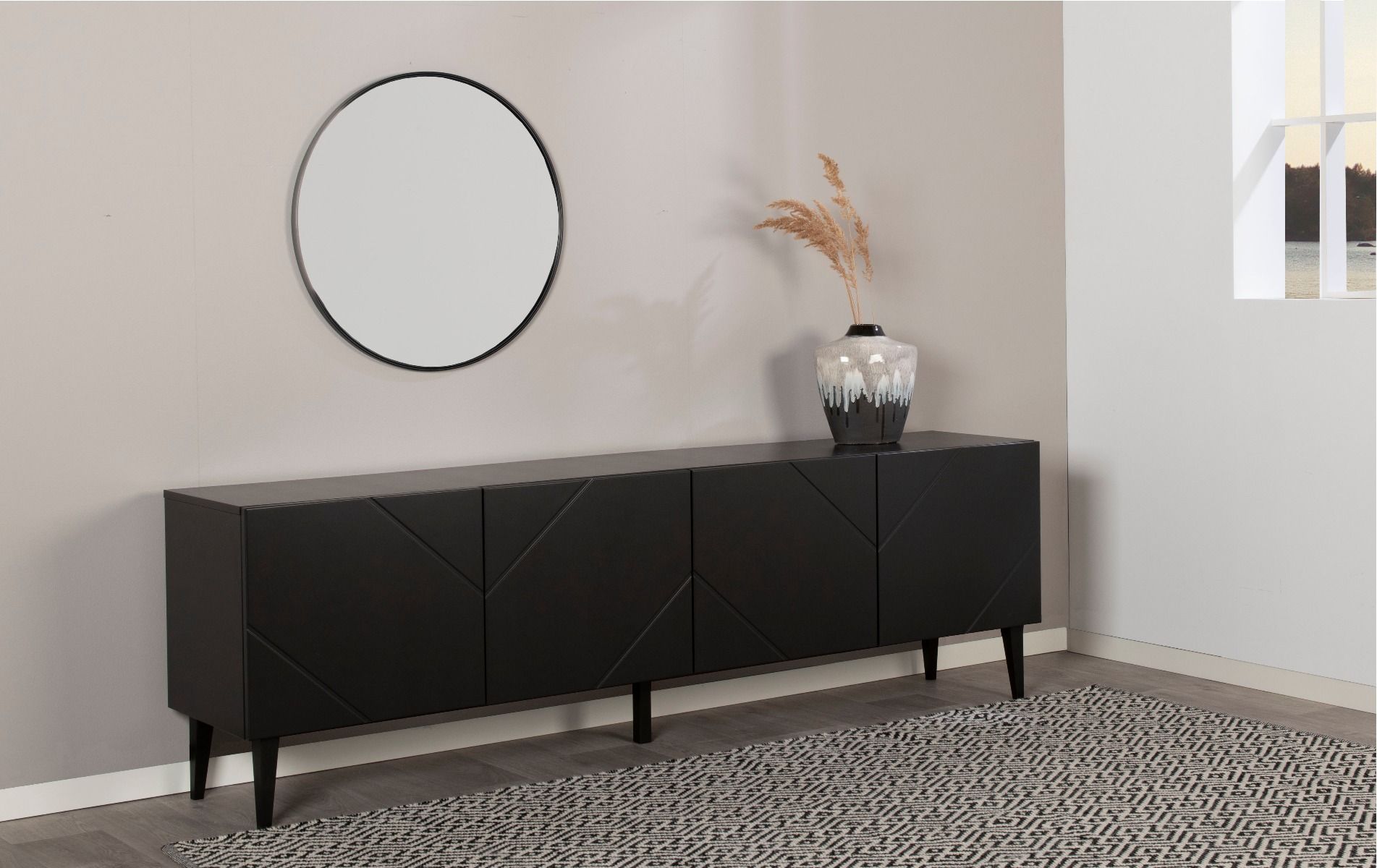 Hiipakka Vilja tv-taso 200cm ovilla, musta