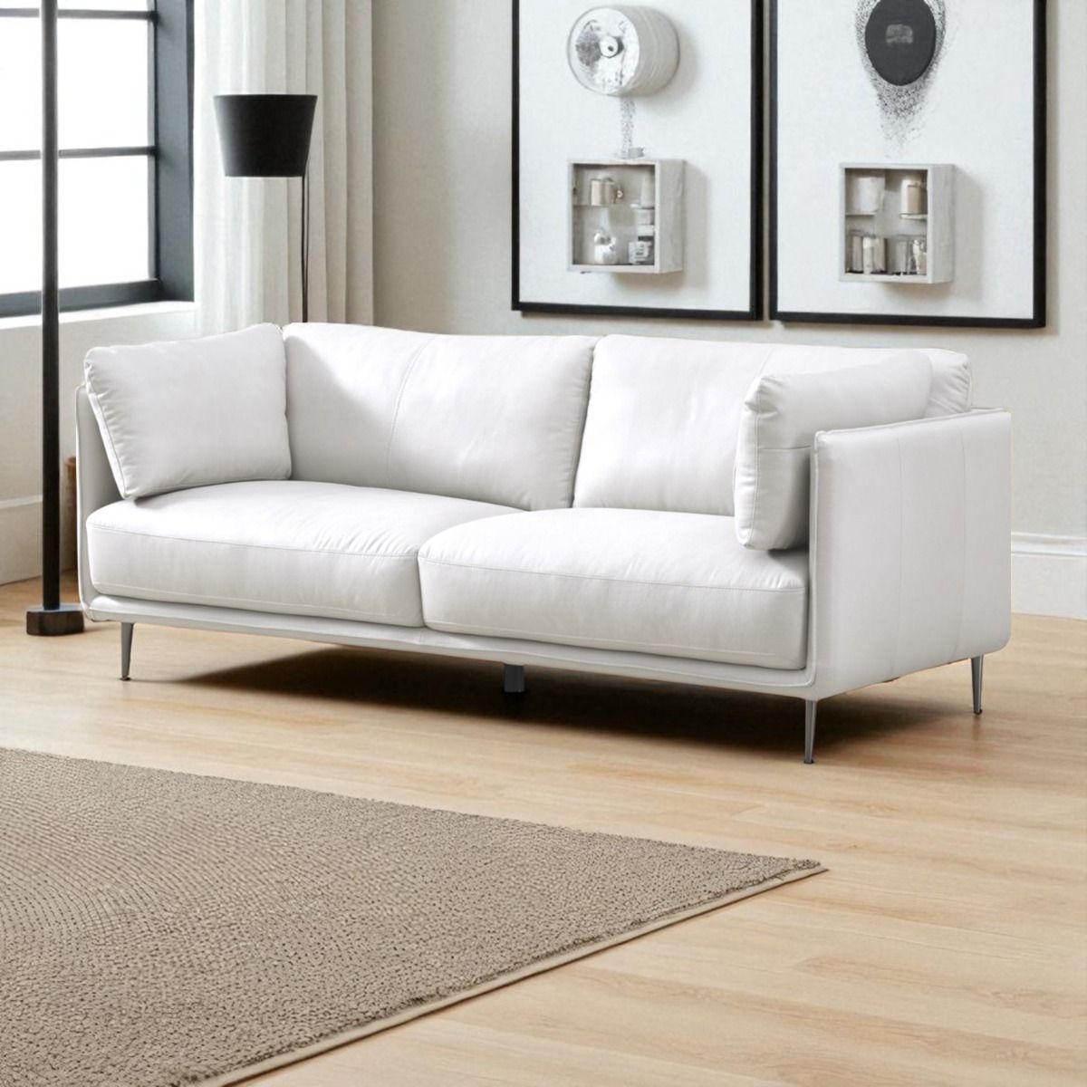 Dublin nahkasohva valkoinen kuvattuna olohuoneessa