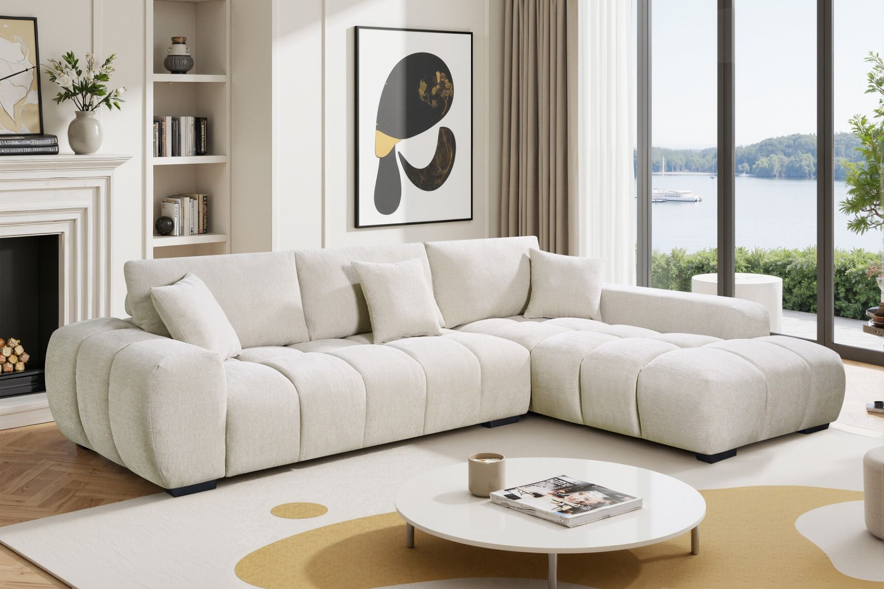 Dumbo vaalea beige kulmasohva kuvattu olohuoneessa