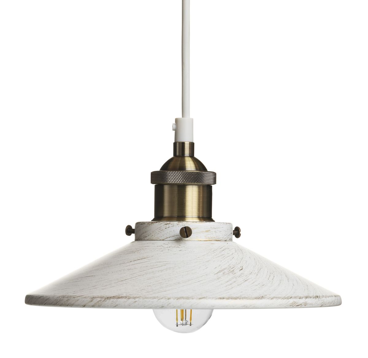 Pienikokoinen klassinen suutarinvalaisin metallirungolla. Kuvun värinä on valkoinen, jossa on ripaus kultaa. Kalusteosa on antiikkimessinkinen. Valaisimessa on koukkukiinnitys ja kattokuppi.