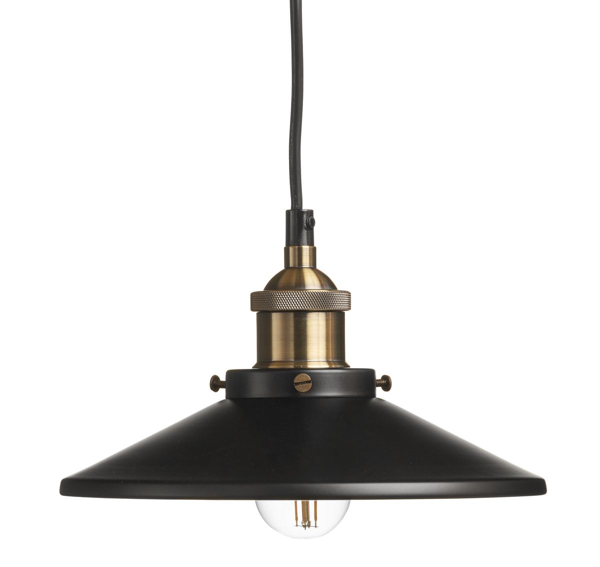 Klassinen pienikokoinen suutarinvalaisin metallirungolla. Värit mattamusta ja antiikkimessinki. Varustettu koukkukiinnityksellä ja kattokupilla