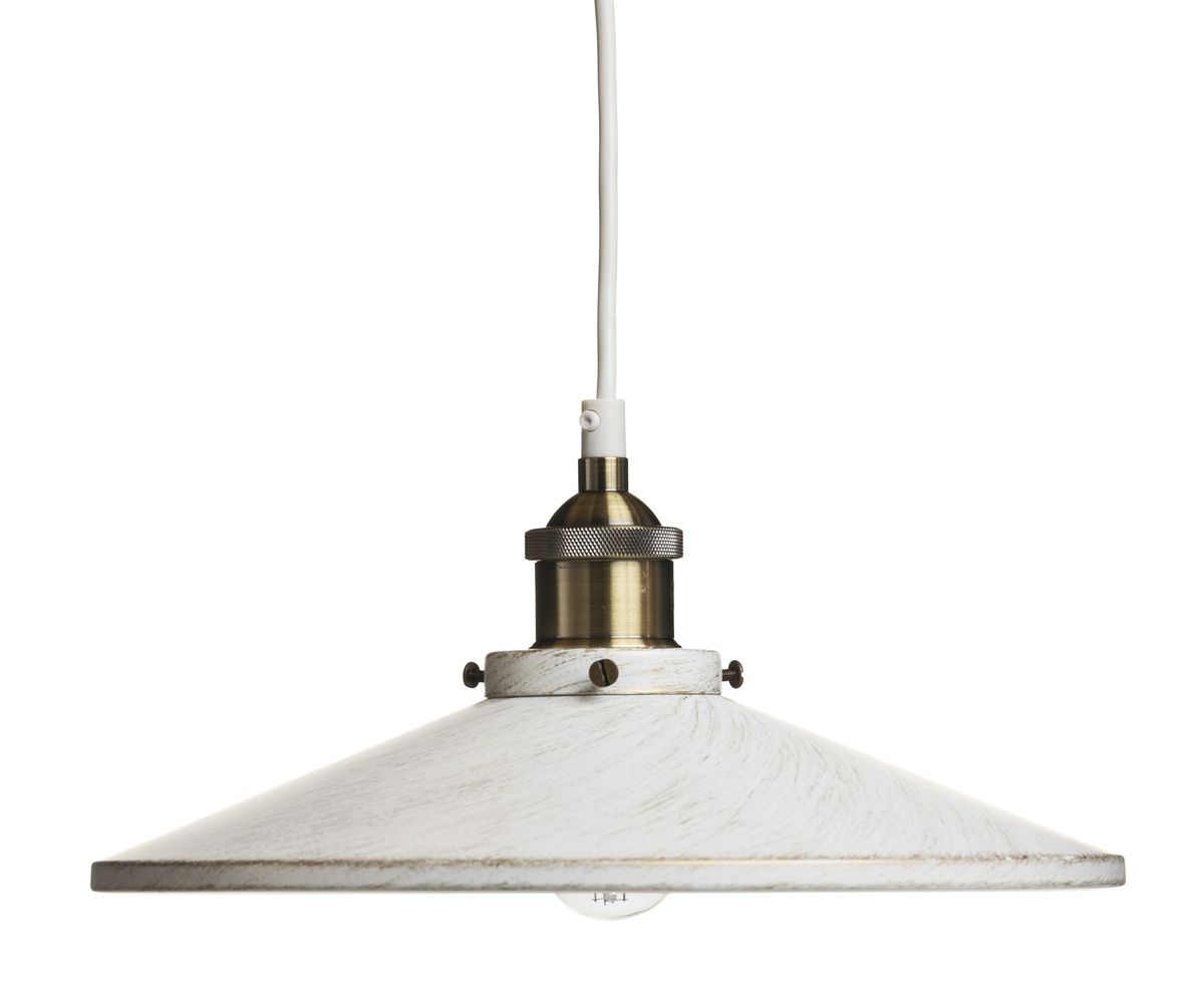 Klassinen suutarinvalaisin metallirungolla, jossa valkoinen kupu kultaisella vivahteella. Kalusteosan väri on antiikkimessinki. Valaisin on varustettu koukkukiinnityksellä ja kattokupilla