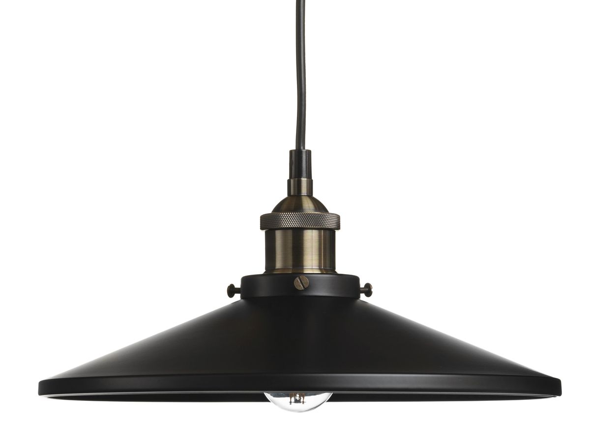 Klassinen suutarinvalaisin metallirungolla. Kuvun väri on mattamusta, ja kalusteosan sävy antiikkimessinki. Valaisin on varustettu koukkukiinnityksellä sekä kattokupilla.