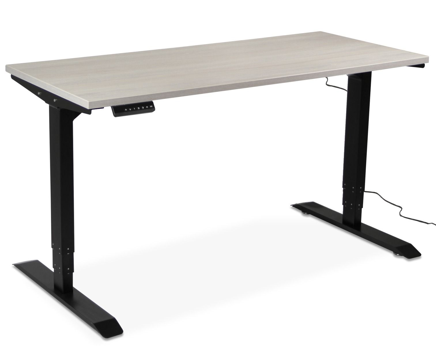 Sähkötoiminen säätöpöytä mustilla jaloilla ja harmaa kansi
